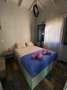 VagiaThe Dona House的一间卧室配有一张带蓝色床单和粉红色枕头的床。