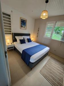 勒拉芒坦La Perle Caribéenne的一间卧室配有一张大床,提供蓝色的床单和枕头
