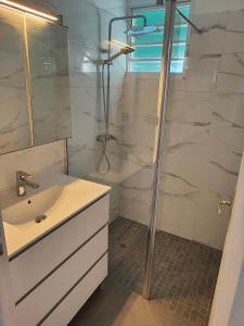 勒拉芒坦La Perle Caribéenne的带淋浴和盥洗盆的白色浴室