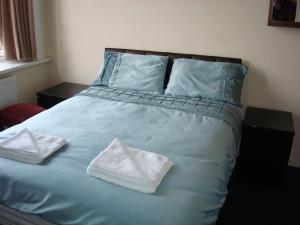 伦敦森林之门酒店的一张蓝色的床,上面有两条白色的毛巾