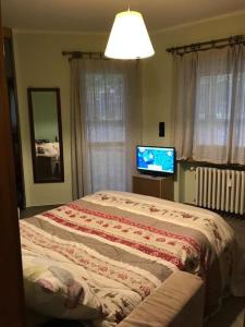 巴多尼奇亚Bardonecchia, monolocale, ottima posizione.的一间卧室配有一张床和一台平面电视