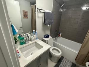 萨斯卡通Cozy BSMT Apt w/2BR+Disney+ Nflx的浴室配有盥洗盆、卫生间和浴缸。