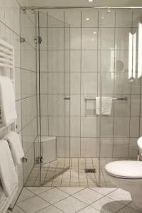 弗莱堡祖穆斯希夫酒店的浴室里设有玻璃门淋浴