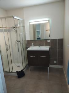 圣热尔韦莱班Thermalines的浴室配有盥洗盆和带镜子的淋浴