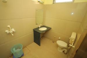 马图拉Hotel Mukund Priya- Near Krishna Janam Bhoomi的一间带卫生间、水槽和镜子的浴室