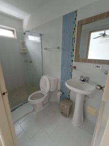 辛塞莱霍Hotel Palermo Sincelejo的浴室配有卫生间、盥洗盆和淋浴。