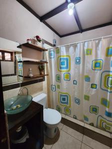 圣安娜Tía Mema Hostal的带淋浴帘和卫生间的浴室