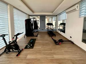 阿克拉The Fjord at Libi Apartment的健身房设有数台跑步机和健身自行车