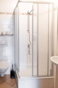 韦策Ferienhof in Weeze-Wemb的带淋浴和卫生间的白色浴室