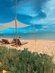 普拉杜Pousada Pitanga的海滩上配有两把椅子和白色遮阳伞