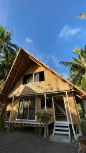 TibiaoVilla Eliza Ecofarm的茅草屋顶和棕榈树度假屋