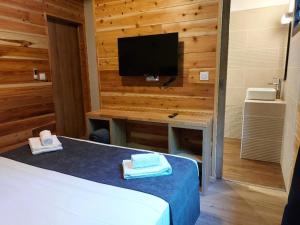 圣若瑟南方玫瑰酒店的一间卧室配有一张带书桌和电视的床。