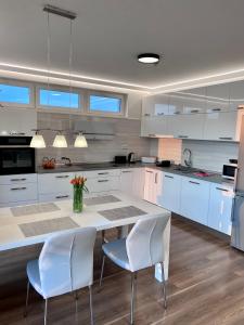 科希策Monte Amnis Kosice Apartment的厨房配有白色橱柜和桌椅