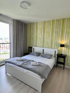 科希策Monte Amnis Kosice Apartment的一间卧室设有一张大床和大窗户