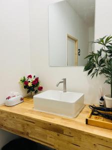 哈林海滩Cannabitel的木制柜台上带白色水槽的浴室
