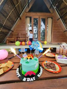 阿努拉德普勒Monara Arana Farm Resort的生日蛋糕,有一个孩子站在它前面