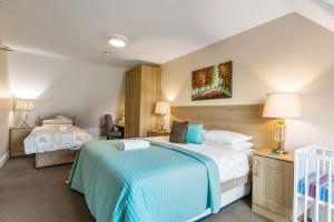 纽卡斯尔Tollyrose Country House的酒店客房设有两张床和一张婴儿床。
