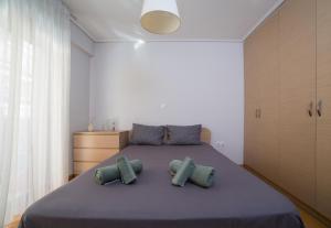 雅典Lovely New Βuild Flat Near Metro - Free Parking的一间卧室配有一张大床和两个枕头