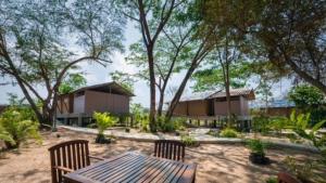 Ban Huai ThawaiElephant View Camp的一个带桌椅和树木的度假酒店