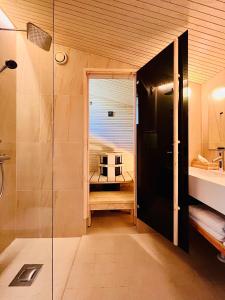 罗瓦涅米天际别墅酒店的带淋浴的浴室和玻璃门