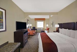 休斯顿Baymont by Wyndham Houston/Westchase的配有一张床和一台平面电视的酒店客房