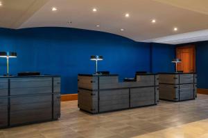 亚特兰大亚特兰大机场康考斯万丽酒店的一间设有蓝色墙壁和台灯的书桌的客房