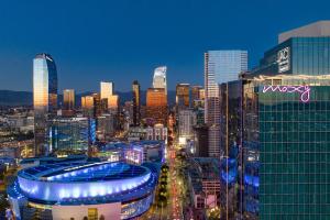 洛杉矶AC Hotel by Marriott Downtown Los Angeles的享有夜间城市景观和建筑