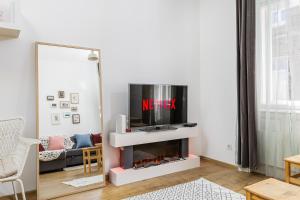 布达佩斯Paco&Orsi's homey cosy apartment in the city center的客厅设有壁炉顶部的电视