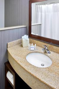 圣安东尼奥圣安东尼奥六旗游乐园瑞姆购物中心万怡酒店的浴室的柜台设有水槽和镜子