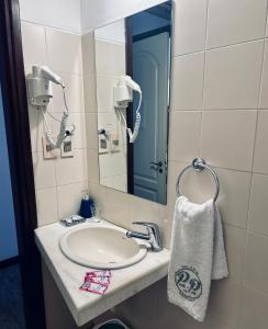科洛尼亚-德尔萨克拉门托Hotel Perla del Plata的浴室水槽配有镜子和毛巾