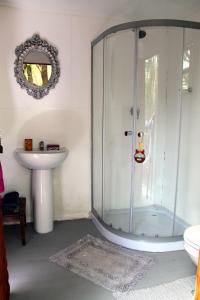 KlipdriftNdlovu Tiny Home Dinokeng的一间带玻璃淋浴和水槽的浴室