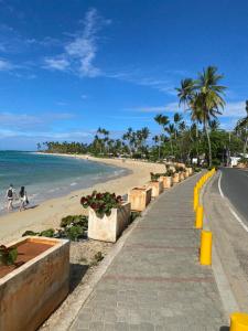 圣塔芭芭拉-山美纳La Dolce Vita Rental, Las Terrenas, Samana的海滨人行道,毗邻棕榈树和大海的海滩