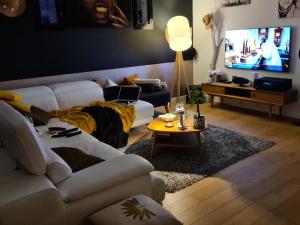 Valle-di-CampoloroA Sulana Chambre d'hôtes的客厅配有白色沙发和电视