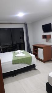 卡诺格布拉达杜瑞新绿洲望厦宾馆的一间卧室配有一张床、梳妆台和电视。