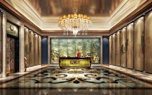 南宁南宁富力万达文华酒店的大房间设有吊灯和地板