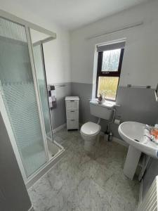道宁斯Heather Hill Cottage的带淋浴、卫生间和盥洗盆的浴室