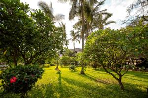 南威Nungwi Beach Resort by Turaco的郁郁葱葱的绿色庭院,种植了棕榈树和红色的鲜花