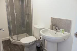 海伍德1Bed Apartment in Heywood with Transport Links的浴室配有卫生间、盥洗盆和淋浴。