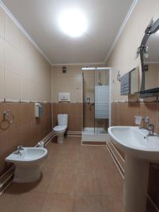 卡缅涅茨-波多利斯基Apart-hotel 24/7的一间带两个盥洗盆、淋浴和卫生间的浴室
