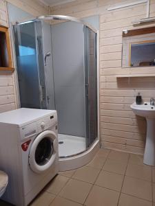 WądzynDomki na Górce的带淋浴和洗衣机的浴室