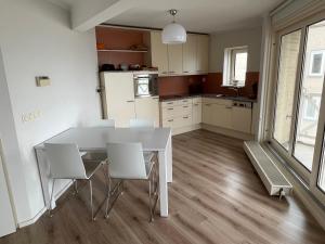 奥德多普Appartement Marina Port Zélande - Brouwersdam Zeeland的厨房配有白色的桌子和白色的椅子