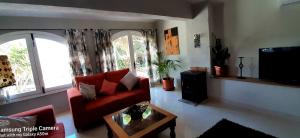 比纽埃拉Vistas al lago with private pool的客厅配有红色沙发和电视