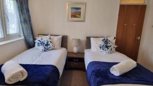 巴塞尔顿RTM COMFORTABLE Home的一间卧室配有两张带蓝白色枕头的床