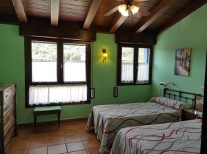 圣欧拉利娅-德加尔Casa Felisa Pirineo Aragonés的配有两张床铺的绿色墙壁和窗户