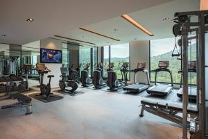 台北台北士林万丽酒店的拥有许多跑步机和椭圆机的健身房
