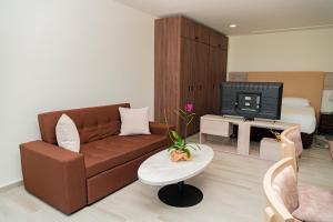 TubaráHotel Explore Caño Dulce的客厅配有棕色沙发和电视