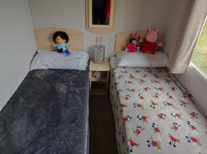 哈特尔普尔Seaview C29的小型客房的两张床,上面有娃娃
