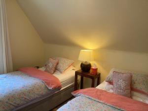 贝尔法斯特Mountroyal Victorian Self Catering Apartment 2的一间卧室设有两张床和一张桌子上的台灯。