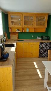 TadtenApartment Fritali的大型厨房设有木制橱柜和木地板。