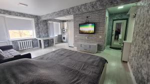 巴尔喀什Сдаётся однокомнатная квартира возле озера的卧室配有1张床和1台砖墙电视